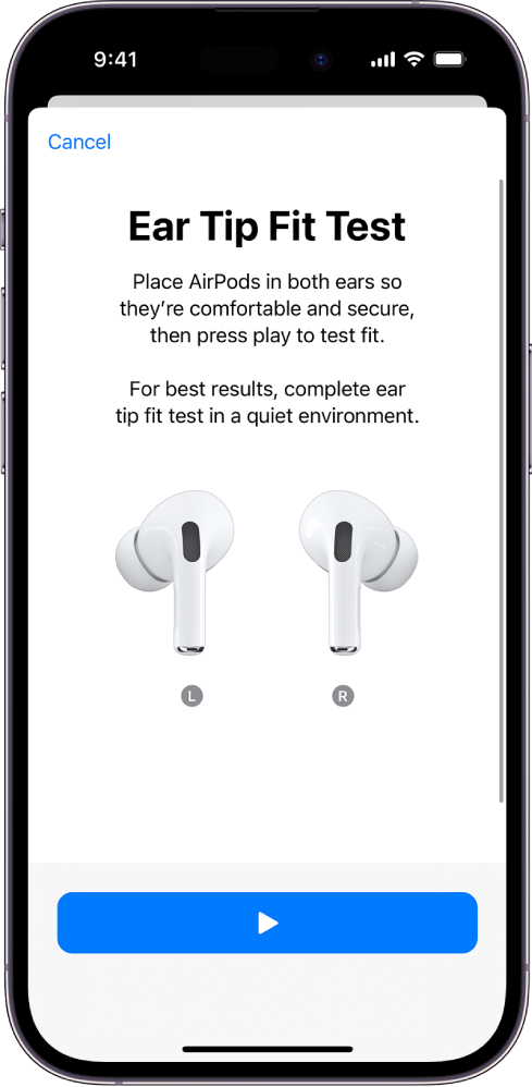 An iPhone screen displaying the Ear Tip Fit Test for AirPods Pro (1st generation).