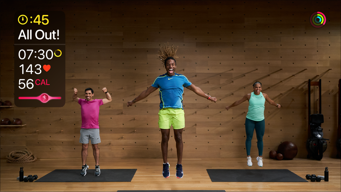 Fitness  workout on Apple TV showing live data from Apple Watch