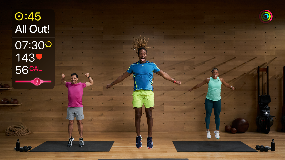 Fitness  workout on Apple TV showing live data from Apple Watch