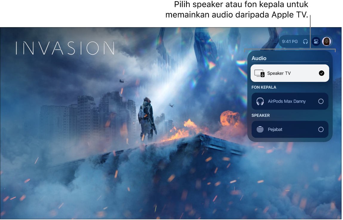 Skrin Apple TV menunjukkan kawalan audio Pusat Kawalan