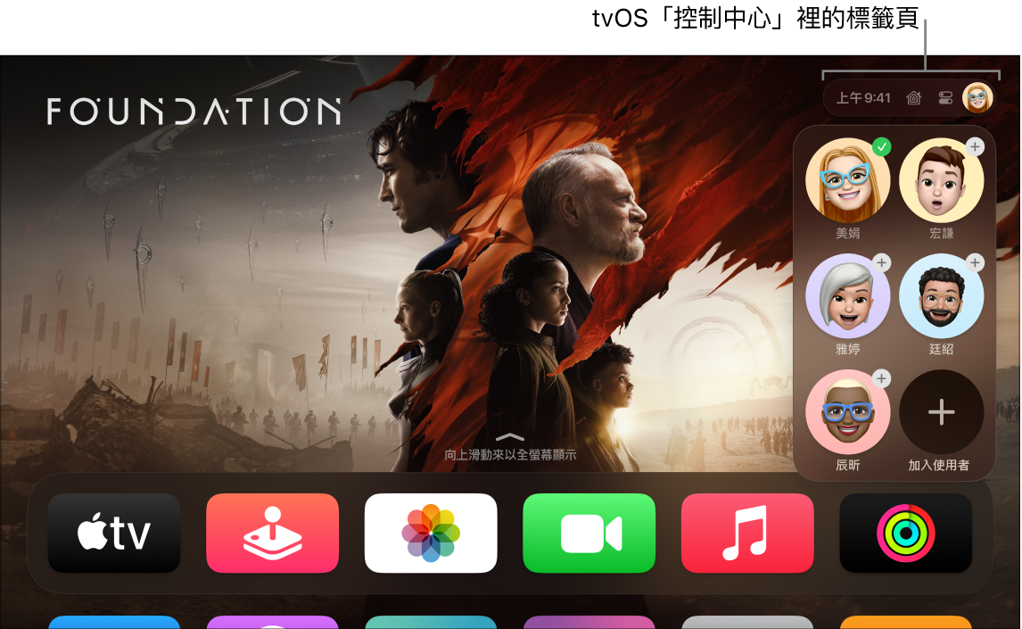 Apple TV 畫面顯示「控制中心」中的標籤頁。
