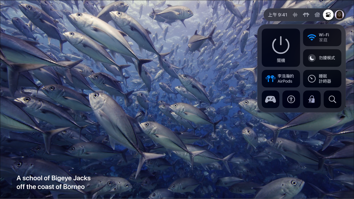 Apple TV 畫面顯示「控制中心」。