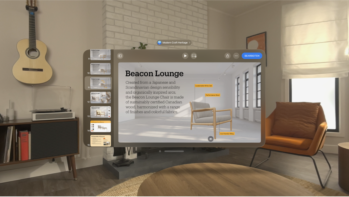 Die App „Keynote“ auf der Apple Vision Pro mit einer Präsentation, die in der Lesedarstellung geöffnet ist, und mit der Taste „Bearbeiten“ in der oberen rechten Ecke.