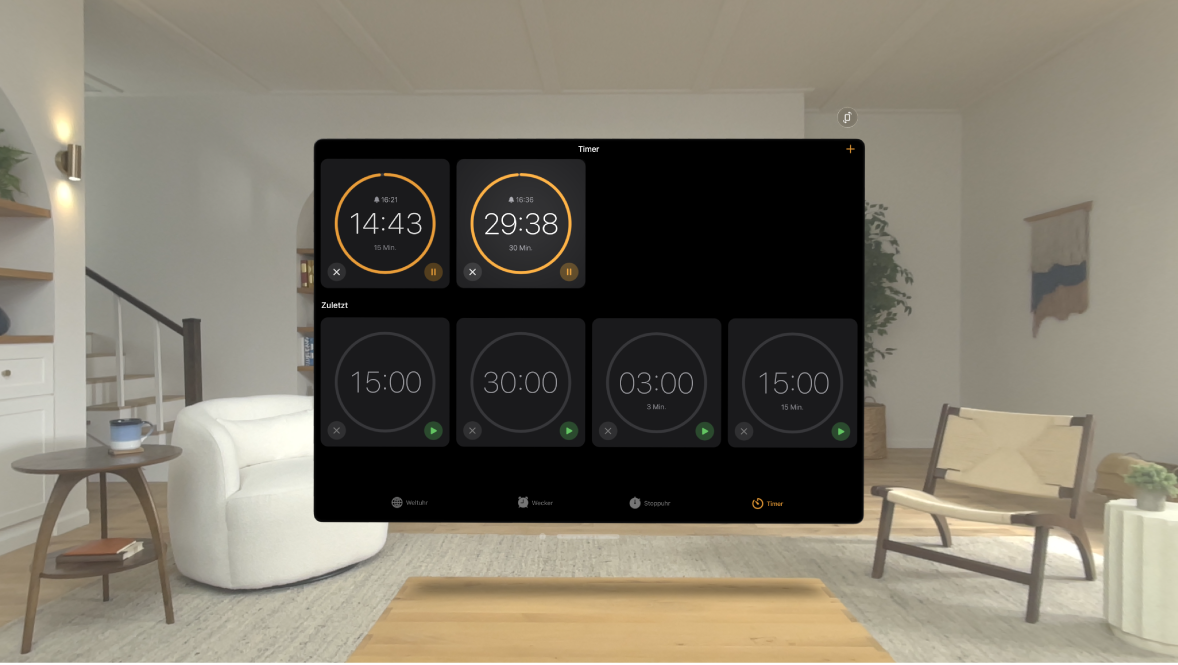 Die App „Uhr“ auf der Apple Vision Pro mit mehreren aktiven Timern.