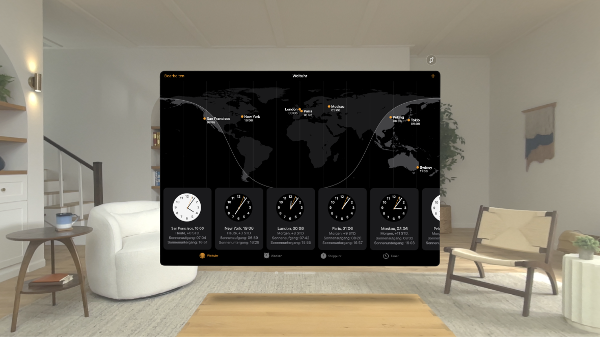 Die App „Uhr“ auf der Apple Vision Pro mit der Weltuhr.