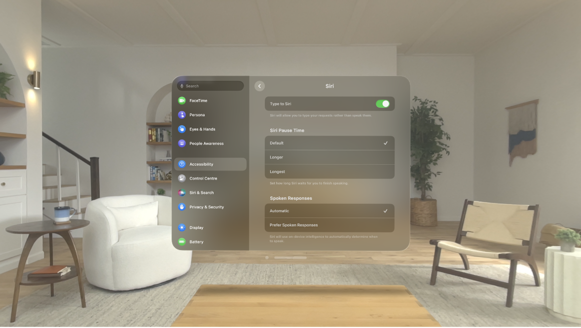Siri Accessibility settings on Apple Vision Pro, where you can turn on Type to Siri, change the Siri pause time and choose whether spoken responses are preferred.