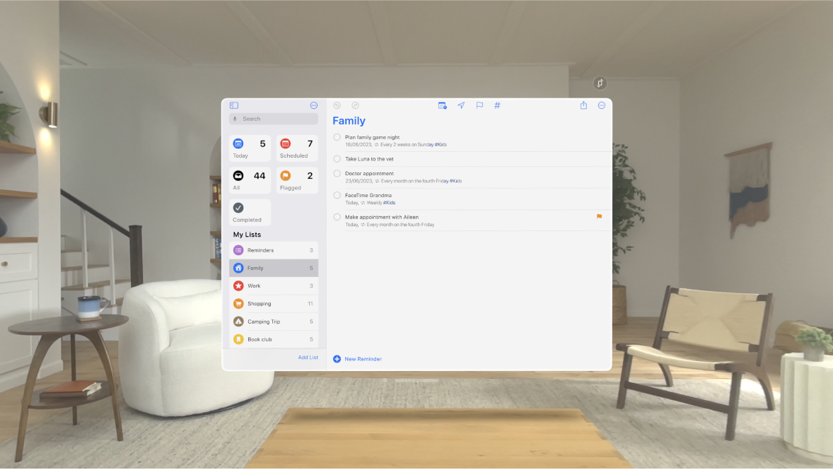 The Reminders app in Apple Vision Pro, showing a list of reminders, some of which have tags, flags and deadlines.