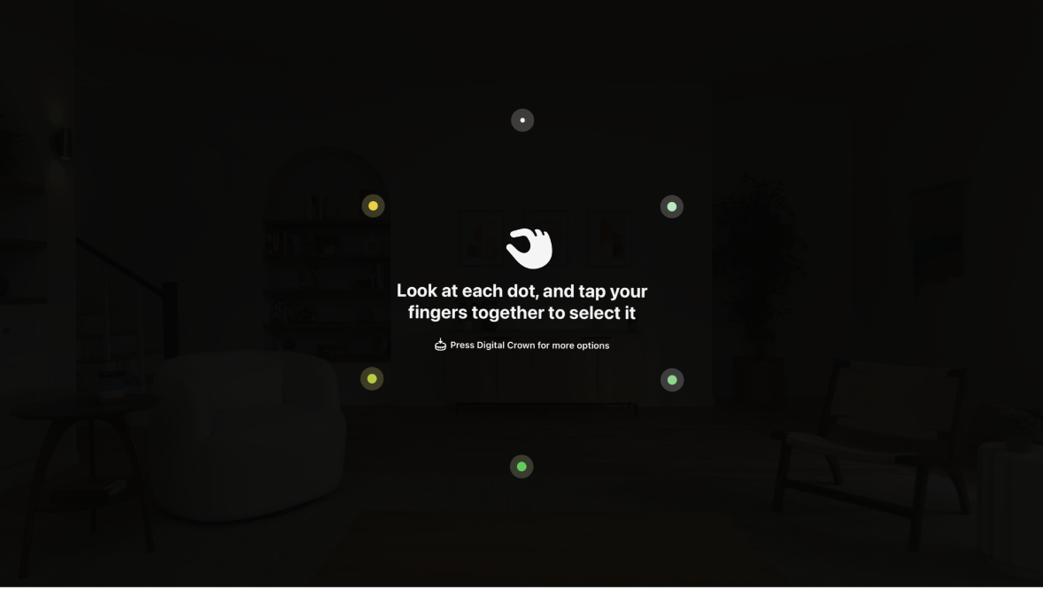 Eye setup on Apple Vision Pro, instructing the user to look at each dot and tap your fingers together to select it.