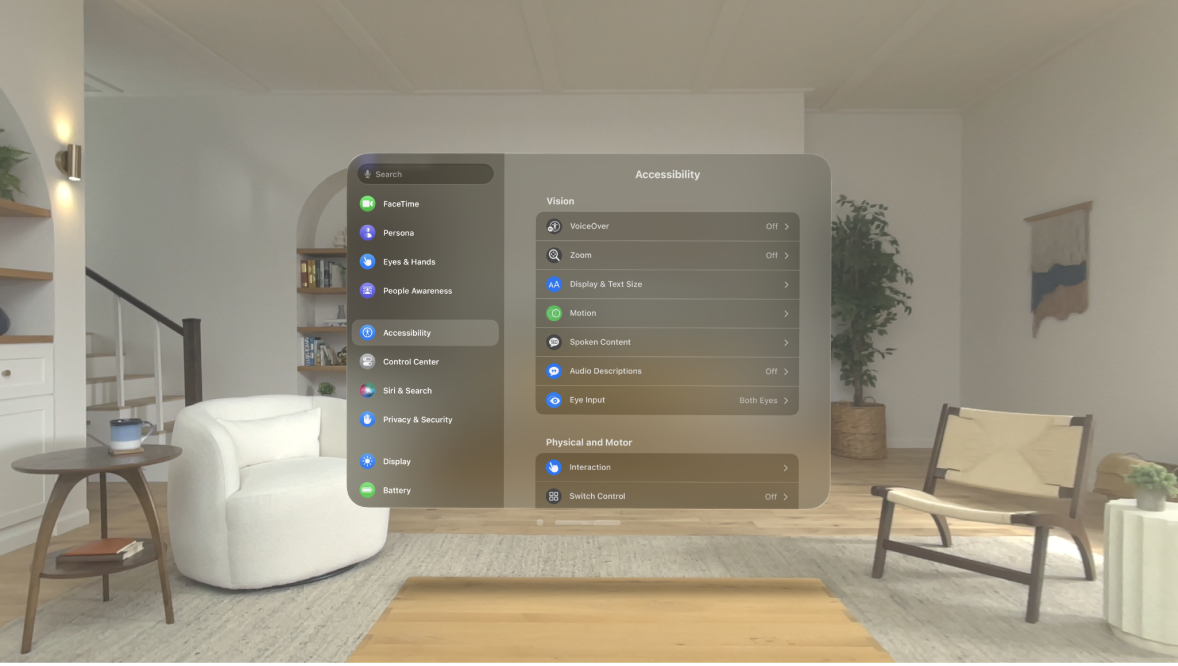 Accessibility settings on Apple Vision Pro, showing settings such as Voiceover, Eye Input, and Switch Control.