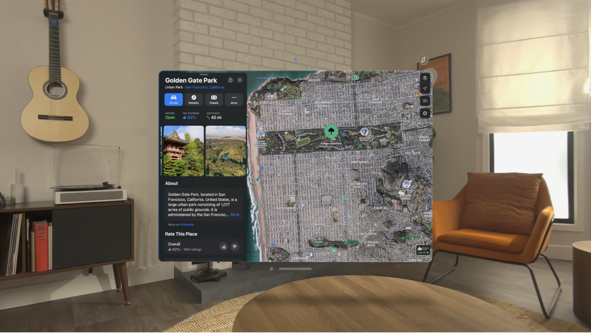 The Maps app on Apple Vision Pro, showing details about a location on the map.