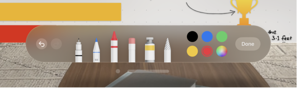 The drawing toolbar in the Freeform app on Apple Vision Pro.