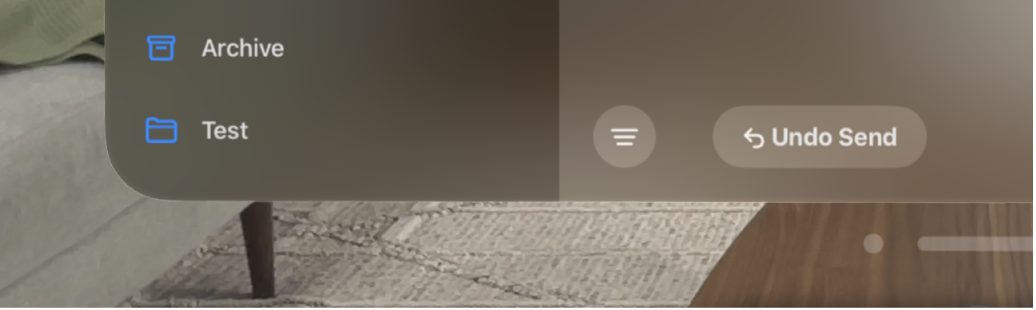 A close-up view of the Undo Send option at the bottom of an email inbox in the Mail app on Apple Vision Pro.