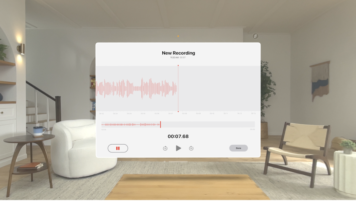 The Voice Memos app on Apple Vision Pro, showing a recording screen.