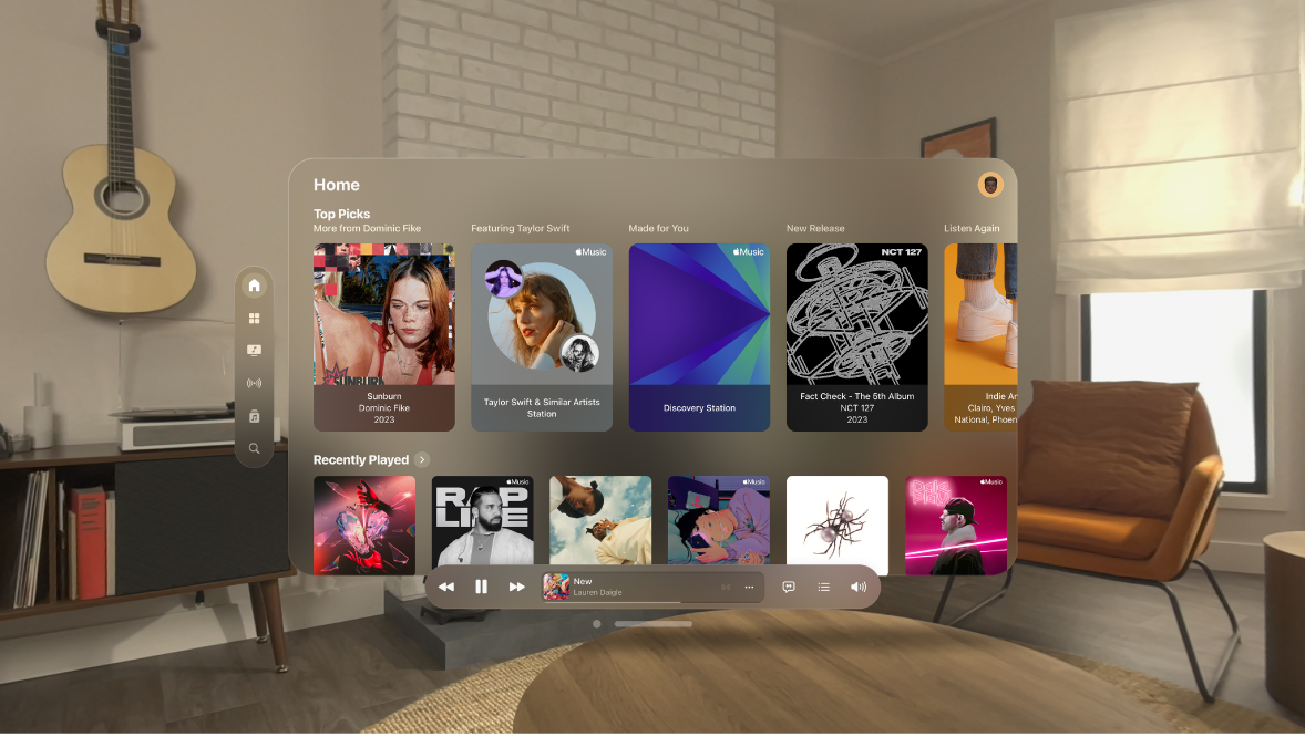 The Music app on Apple Vision Pro, showing Home.