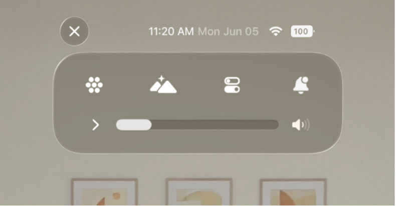 Control Center on Apple Vision Pro, with a volume slider and a button to see more volume controls.