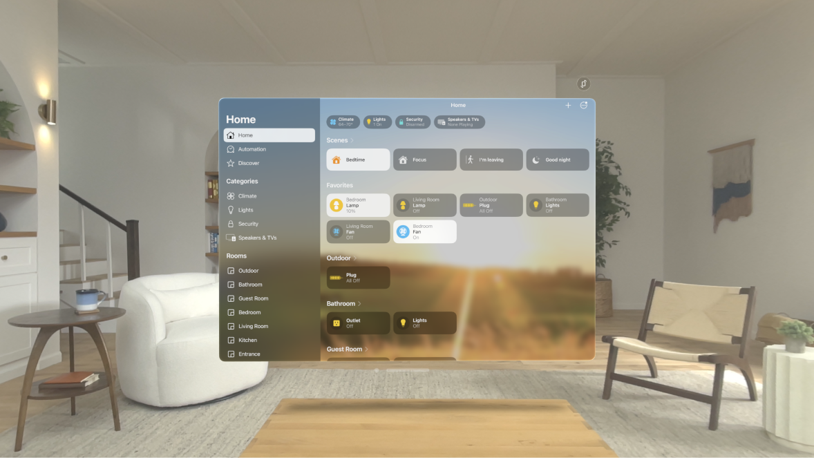 The Home app on Apple Vision Pro, showing a home with accessories sorted in categories and rooms.