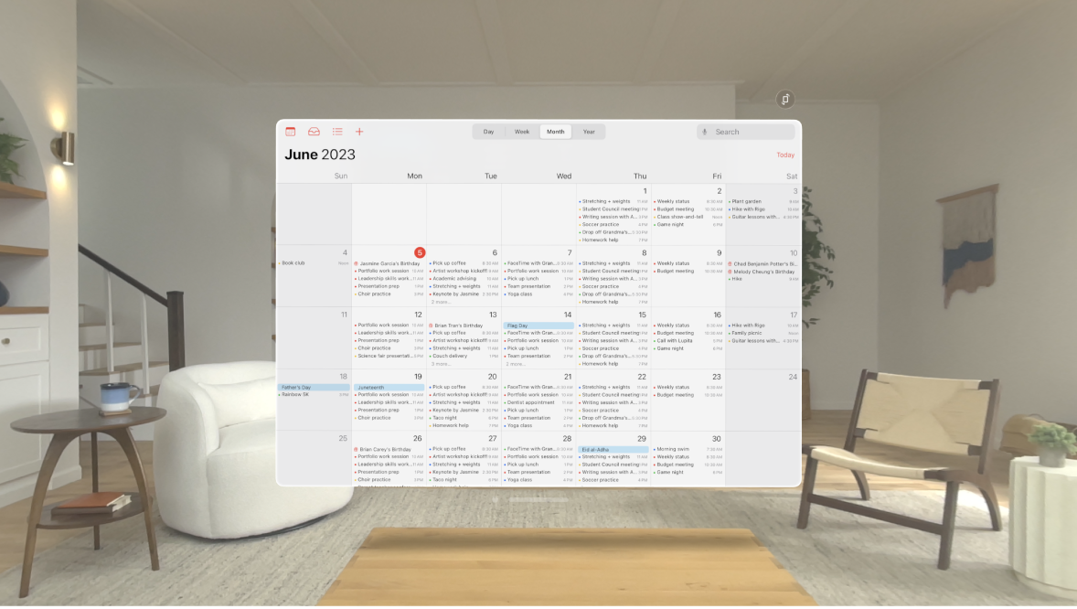 The Calendar app on Apple Vision Pro, showing a month of events.