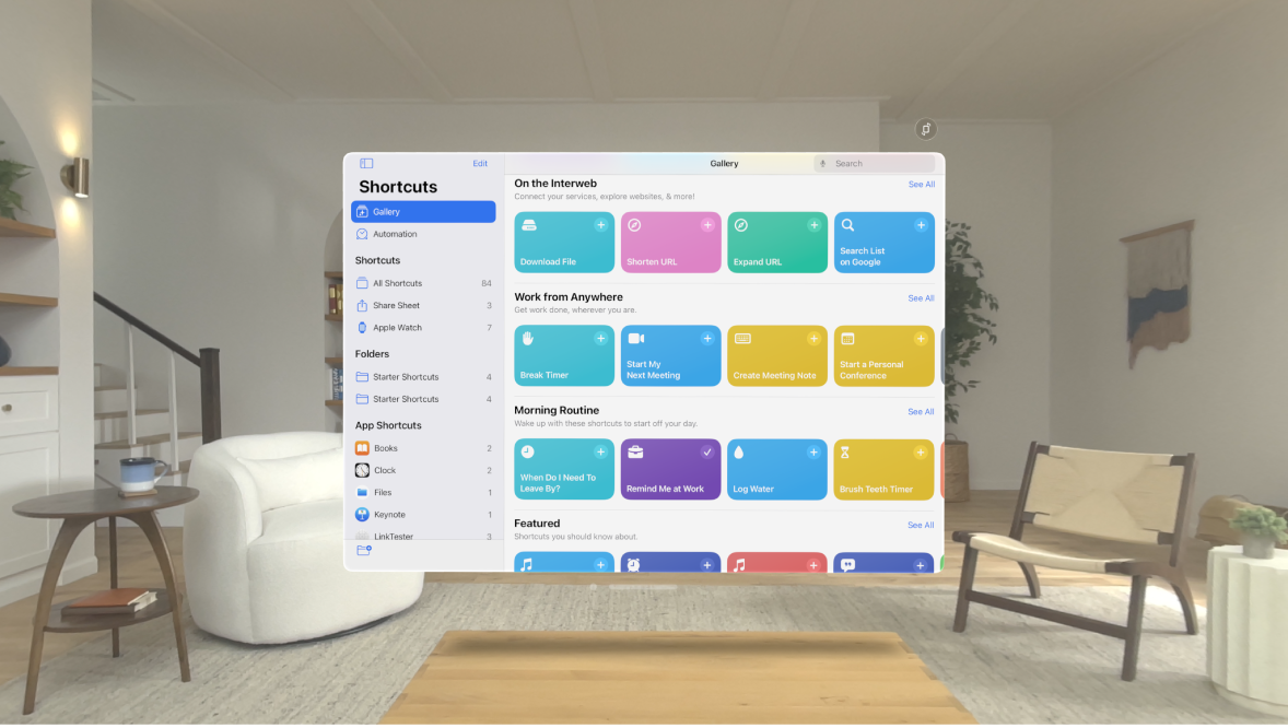The Shortcuts app on Apple Vision Pro, showing the gallery of premade shortcuts.