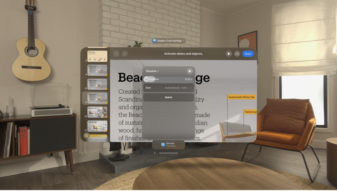 The Keynote app on Apple Vision Pro, showing the animation options for the Dissolve transition.