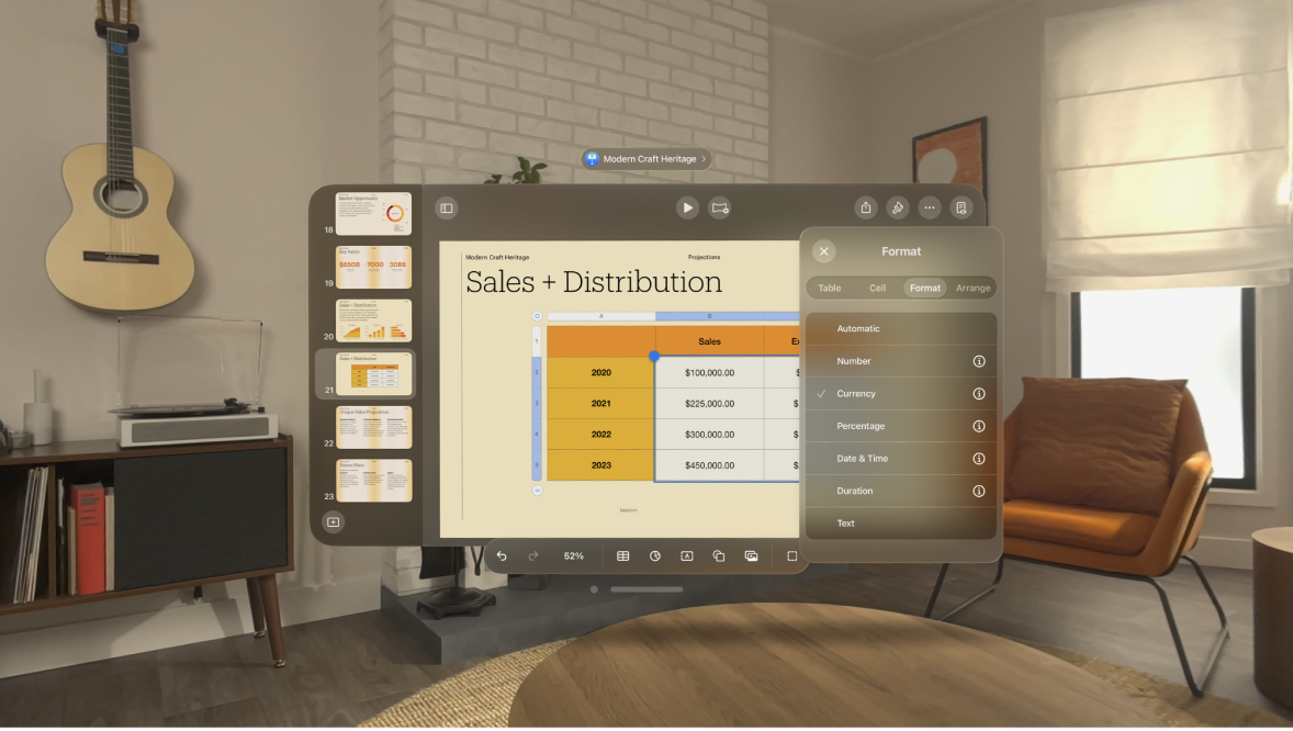 The Keynote app on Apple Vision Pro, showing the options to choose the cell format for a table.