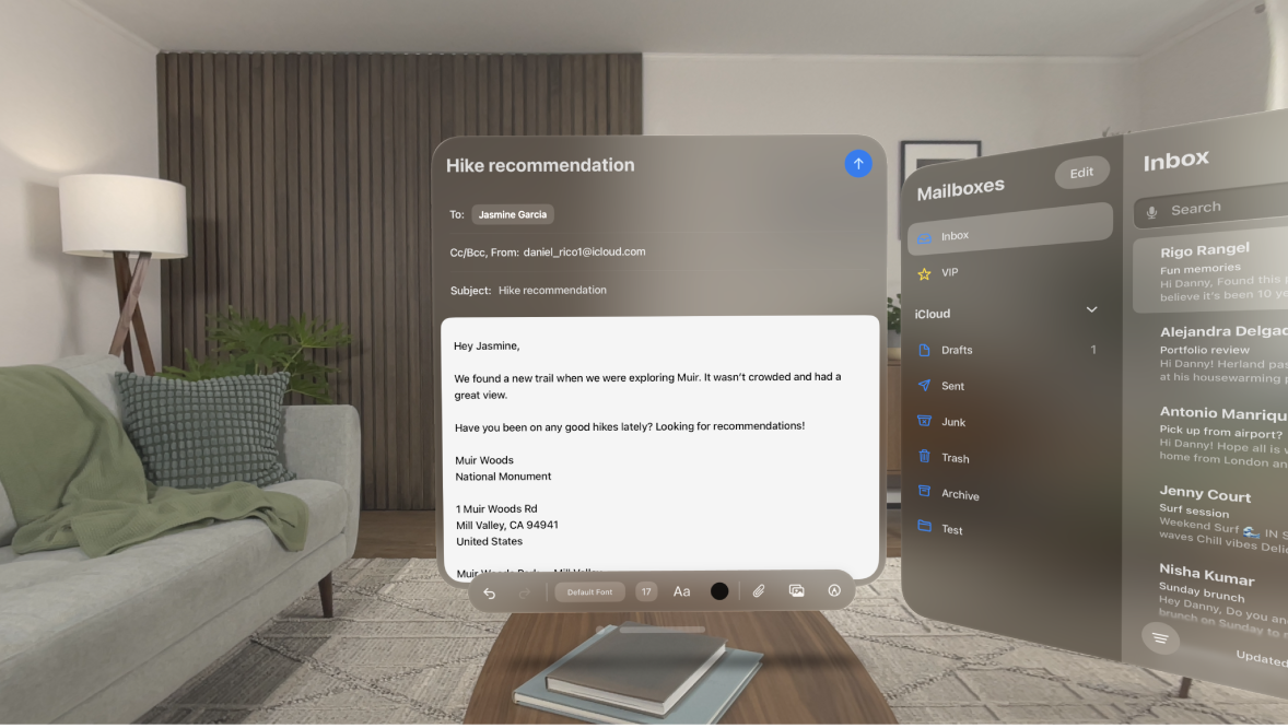 The Mail app on Apple Vision Pro, showing an email draft with the inbox off to the side.