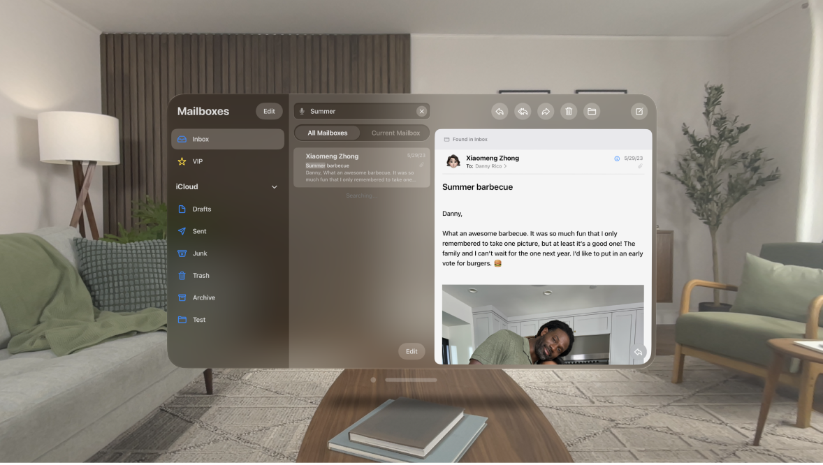 The Mail app on Apple Vision Pro, showing a search field and an email that matches the search.