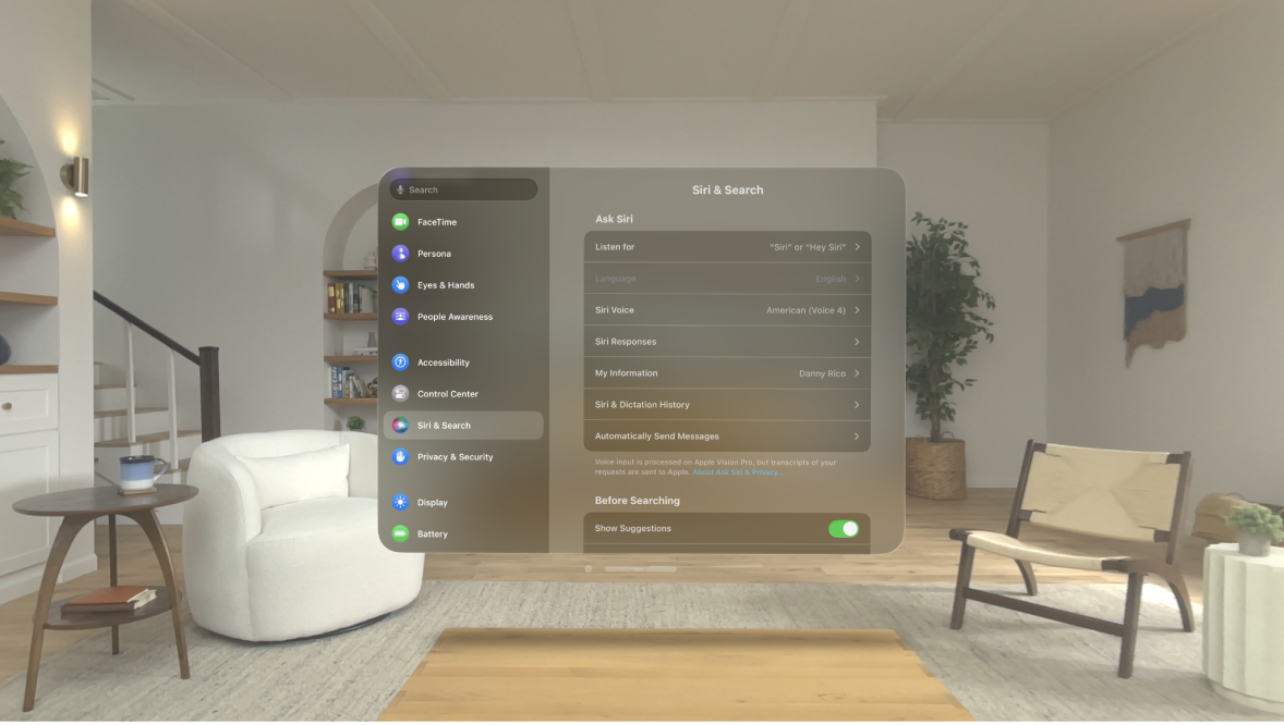 Siri & Search settings on Apple Vision Pro, where you can change when Siri responds, the Siri voice, and more.