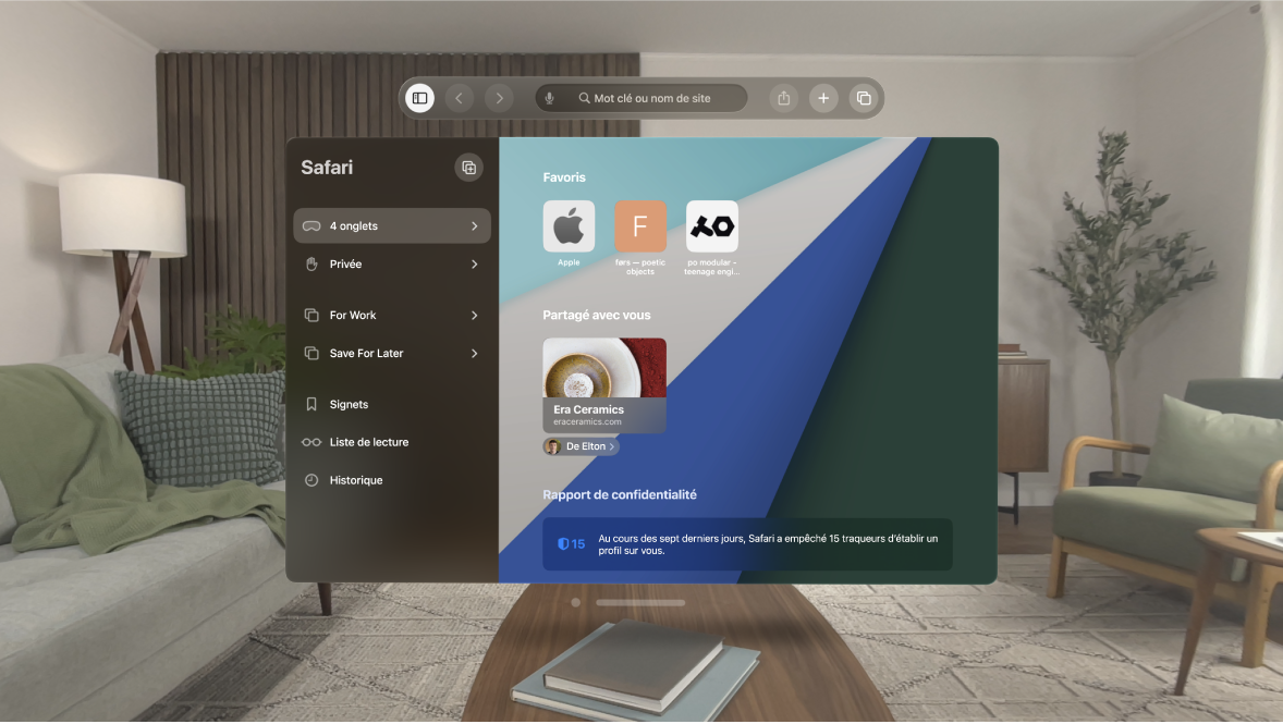 L’app Safari sur l’Apple Vision Pro, affichant plusieurs sites Web favoris et Partagé avec vous sur la page de démarrage.