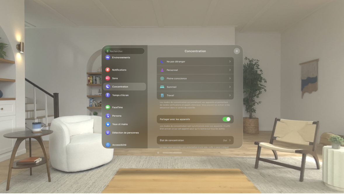 Réglages du mode de concentration sur l’Apple Vision Pro, montrant les options pour configurer un mode de concentration, le partager sur vos appareils et partager l’état du mode de concentration.