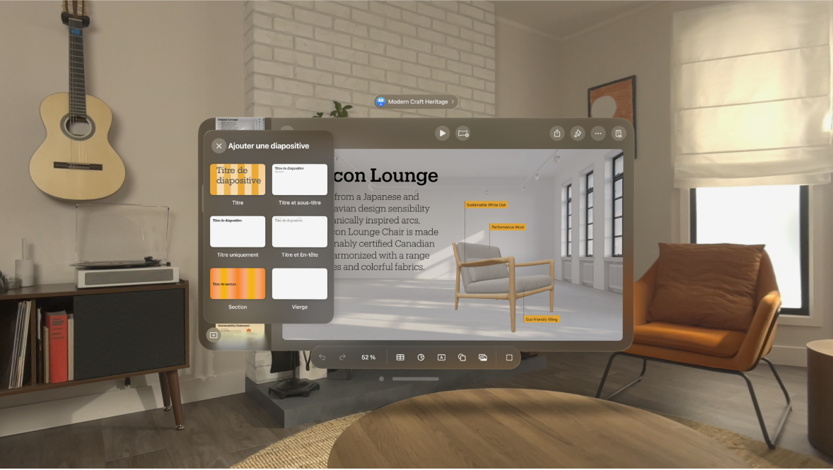 L’app Keynote sur Apple Vision Pro affiche des options permettant d’ajoute une nouvelle diapositive.