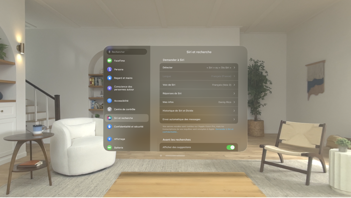 Réglages « Siri et recherche » sur l’Apple Vision Pro, où vous pouvez modifier les moments où Siri répond, la voix de Siri, et plus encore.