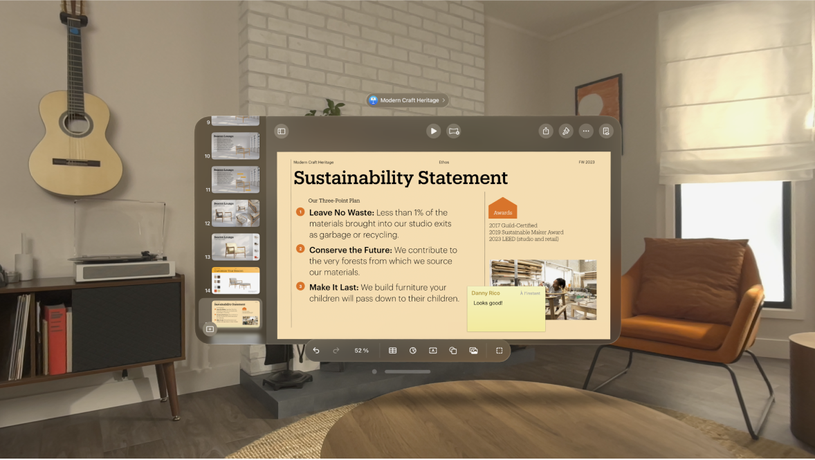L’app Keynote sur l’Apple Vision Pro, affichant un commentaire sur la diapositive active.
