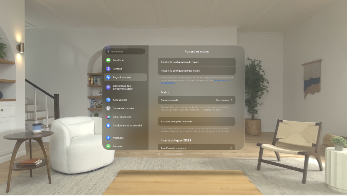 Réglages « Regard et mains », avec des options pour refaire la configuration du regard et des mains, modifier les réglages « Saisie manuelle », et plus.