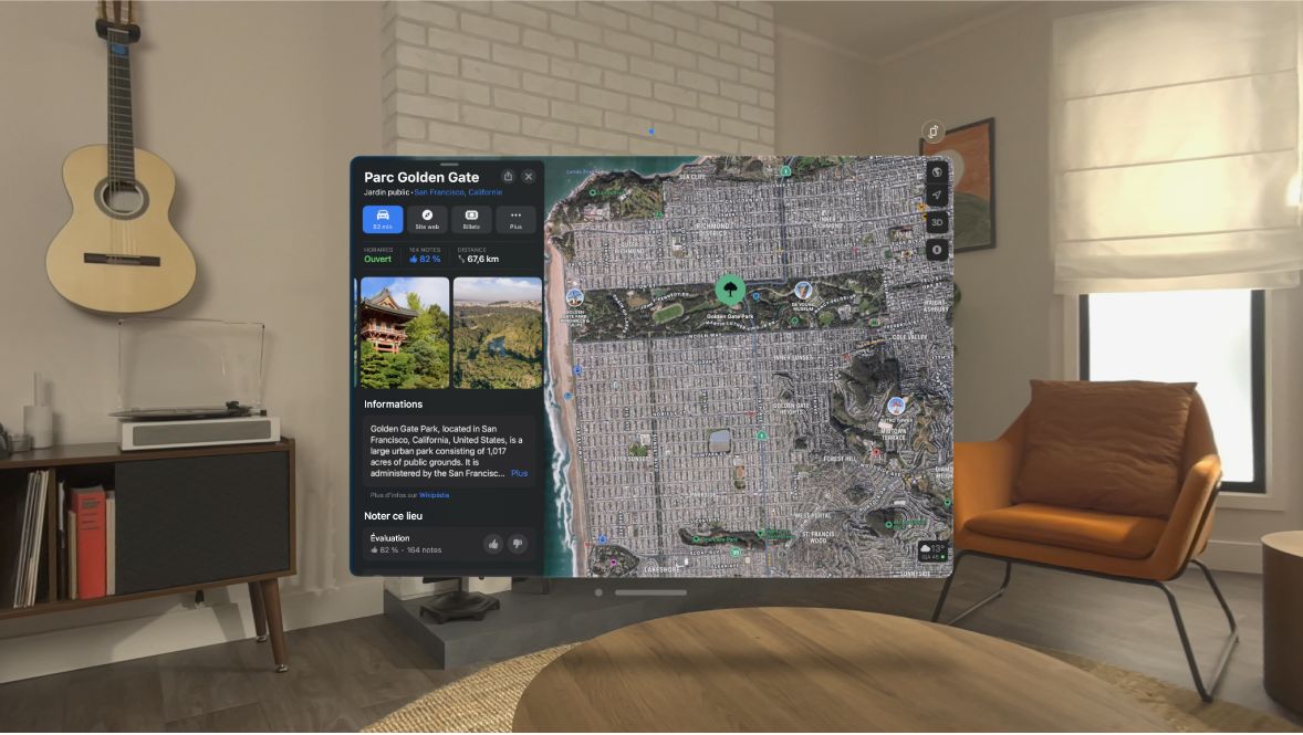 App Plans sur l’Apple Vision Pro, affichant des détails à propos d’un lieu sur le plan.