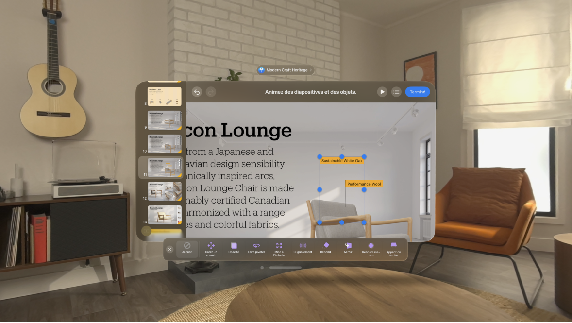 L’app Keynote sur l’Apple Vision Pro, affichant les options d’animation pour un objet sur une diapositive.