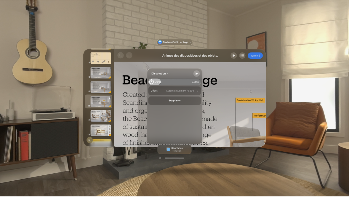 L’app Keynote sur l’Apple Vision Pro, affichant les options d’animation pour la transition Dissolution.
