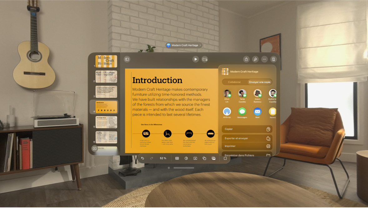 L’app Keynote sur l’Apple Vision Pro, présentant les options qui permettent d’envoyer une copie.
