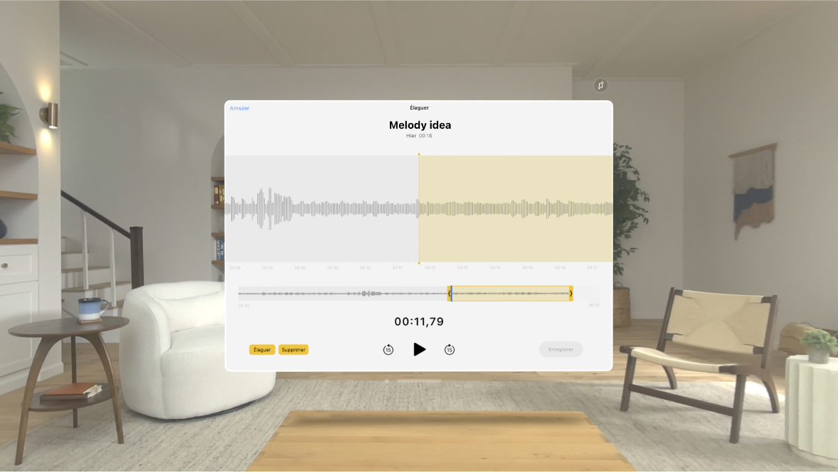 App Dictaphone sur l’Apple Vision Pro, montrant la fin d’un enregistrement en cours d’élagage.