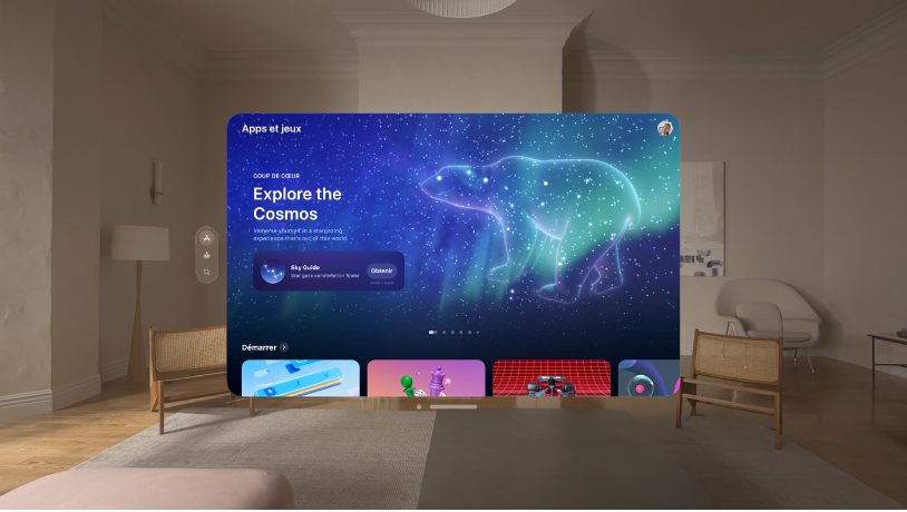 L’App Store sur l’Apple Vision Pro, affichant une recommandation et trois collections d’apps.