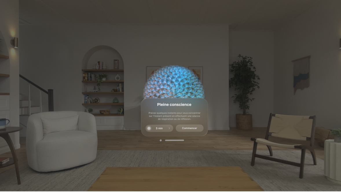 App Pleine conscience sur l’Apple Vision Pro, affichant des options pour démarrer une séance.