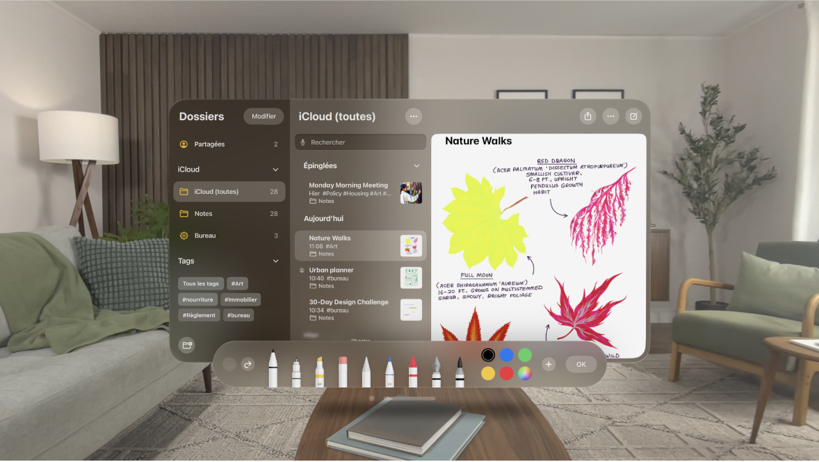 L’app Notes sur l’Apple Vision Pro, présentant la barre d’outils de dessin.