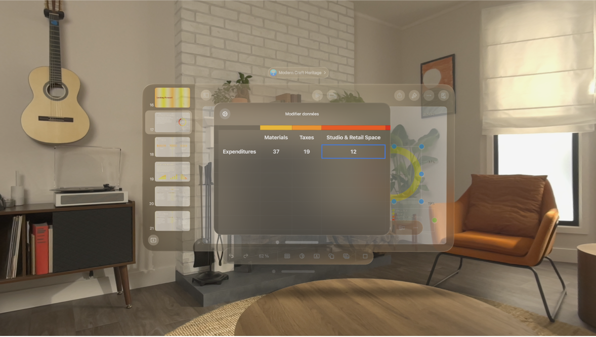 L’app Keynote sur l’Apple Vision Pro, présentant une fenêtre permettant de modifier les données d’un graphique.