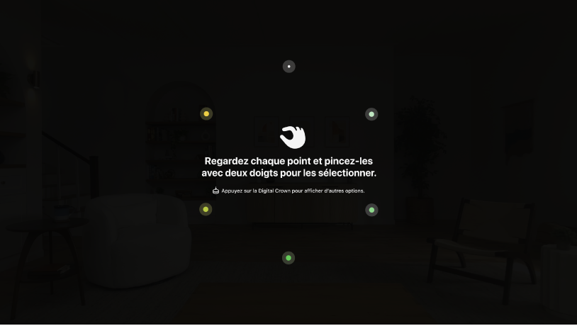 Vue « Configuration du regard », avec des instructions indiquant de regarder chaque point et de les pincer avec deux doigts pour les sélectionner. Des instructions sont également présentes pour appuyer sur la Digital Crown afin d’obtenir des options supplémentaires.
