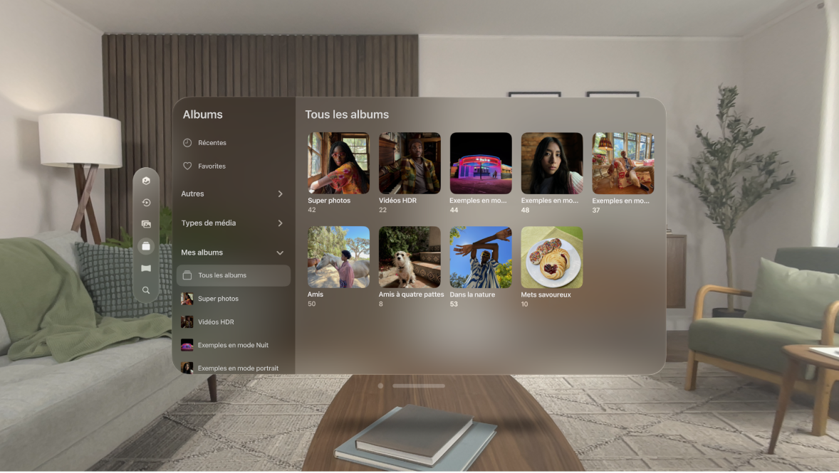L’app Photos sur l’Apple Vision Pro, présentant différents albums et options, notamment « Types de média » et l’album Récentes.