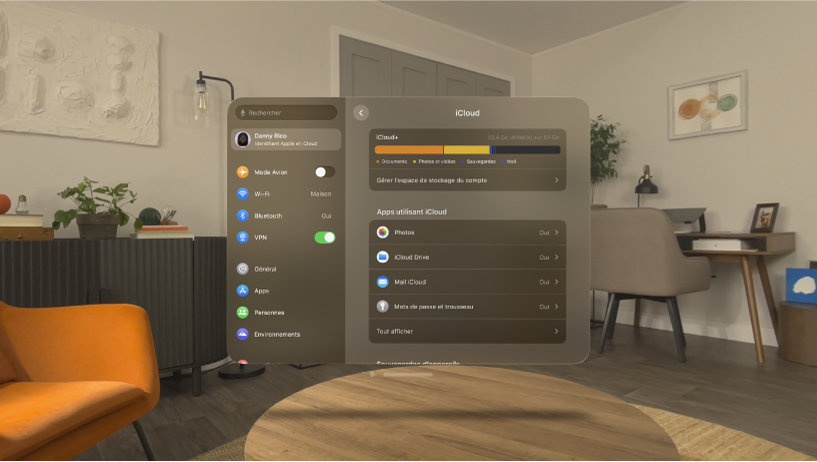 La fenêtre des réglages sur l’Apple Vision Pro, affichant le stockage iCloud de l’utilisateur.