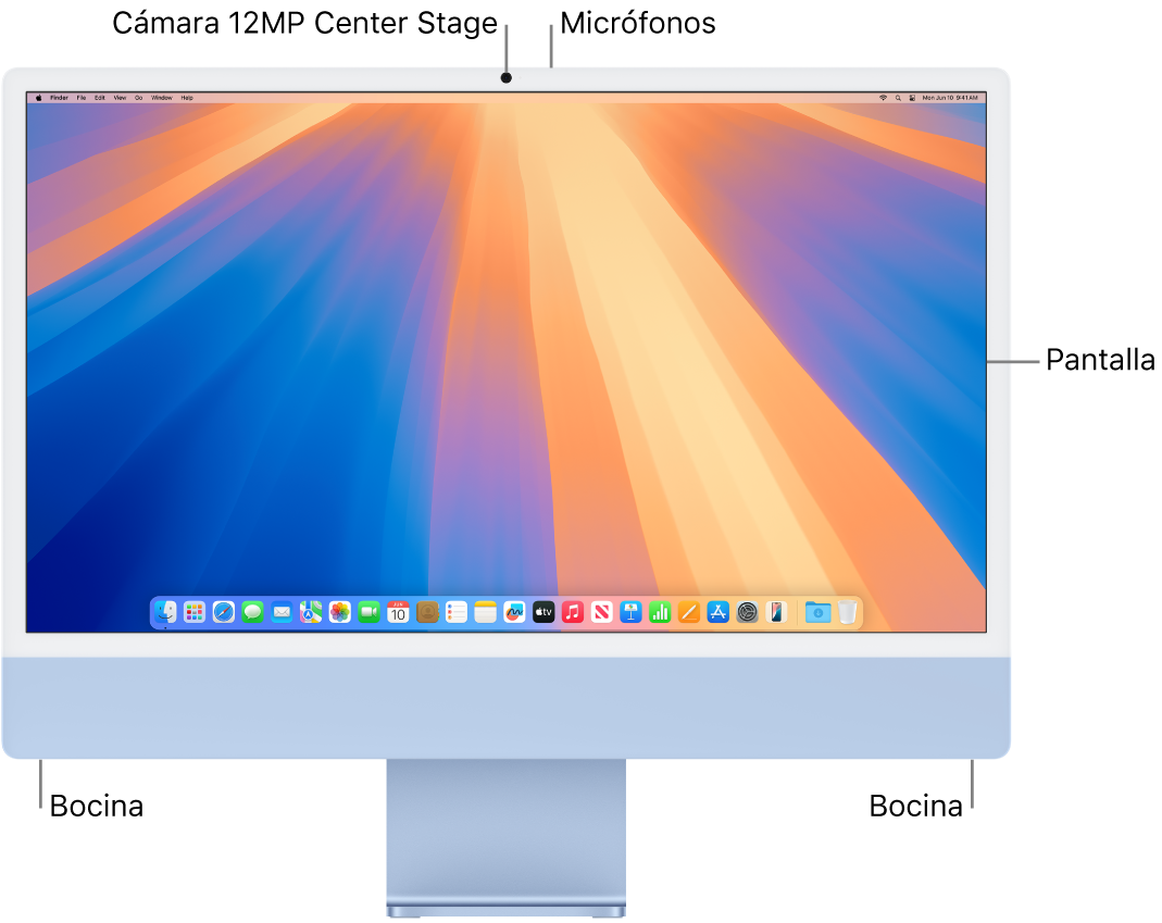 Vista frontal de la iMac mostrando la pantalla, la cámara, los micrófonos y los altavoces.