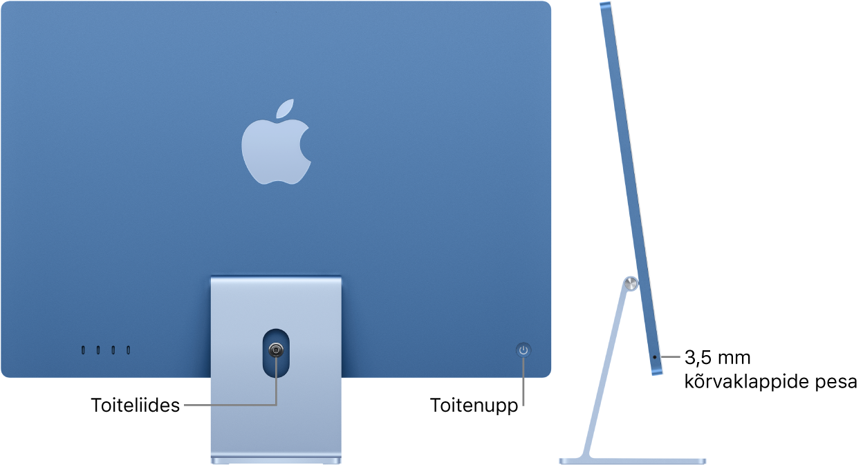 iMaci tagantvaade, kus on näha toiteliides ja toitenupp. Selle kõrval on küljevaade, millel on näha kõrvaklappide pesa.