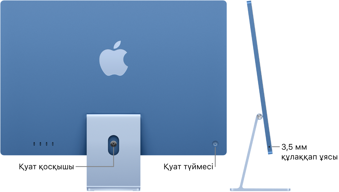 Қуат қосқышын және қуат түймесін көрсетіп тұрған iMac компьютерінің артқы көрінісі. Оның жанындағы — құлақаспап ұясын көрсетіп тұрған бүйірлік көрініс.