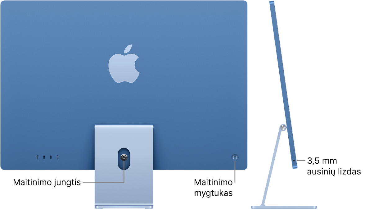 Galinė „iMac“ pusė, matosi maitinimo jungtis ir maitinimo mygtukas. Šalia pateiktas šoninis vaizdas, matosi ausinių lizdas.