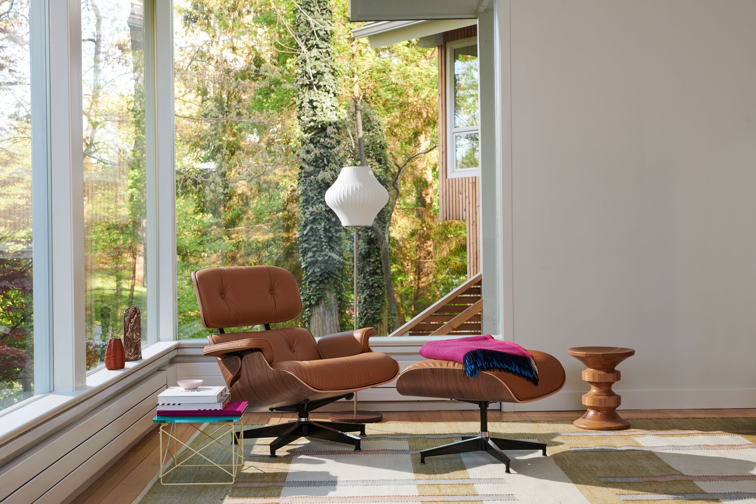 a living room with a large glass door